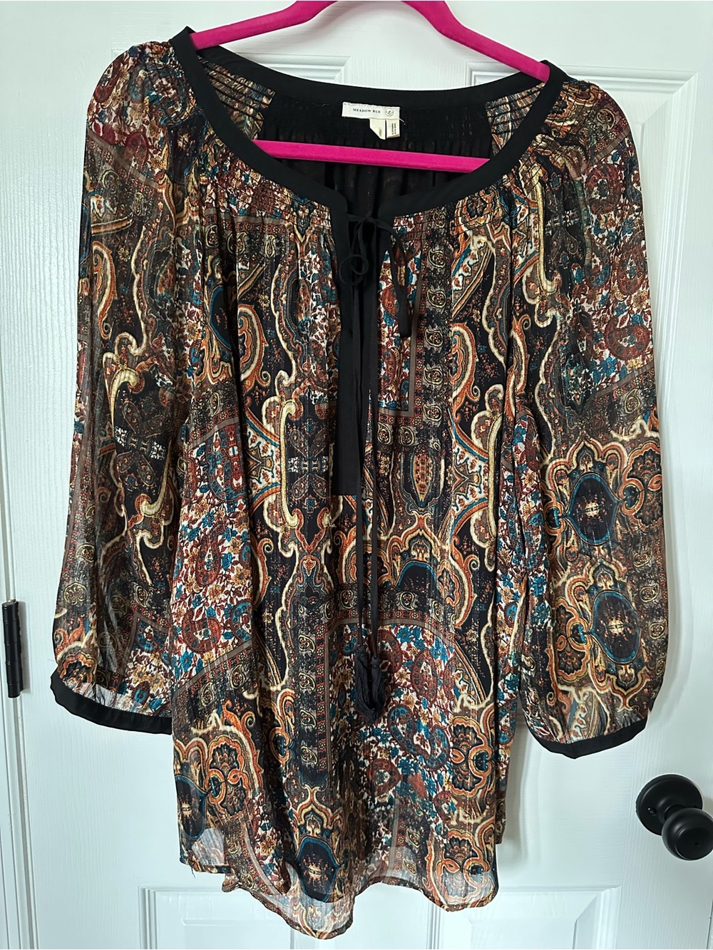 Anthropologie Meadow Rue Paisley Tie-Neck Tunic - Brown, Black, Teal